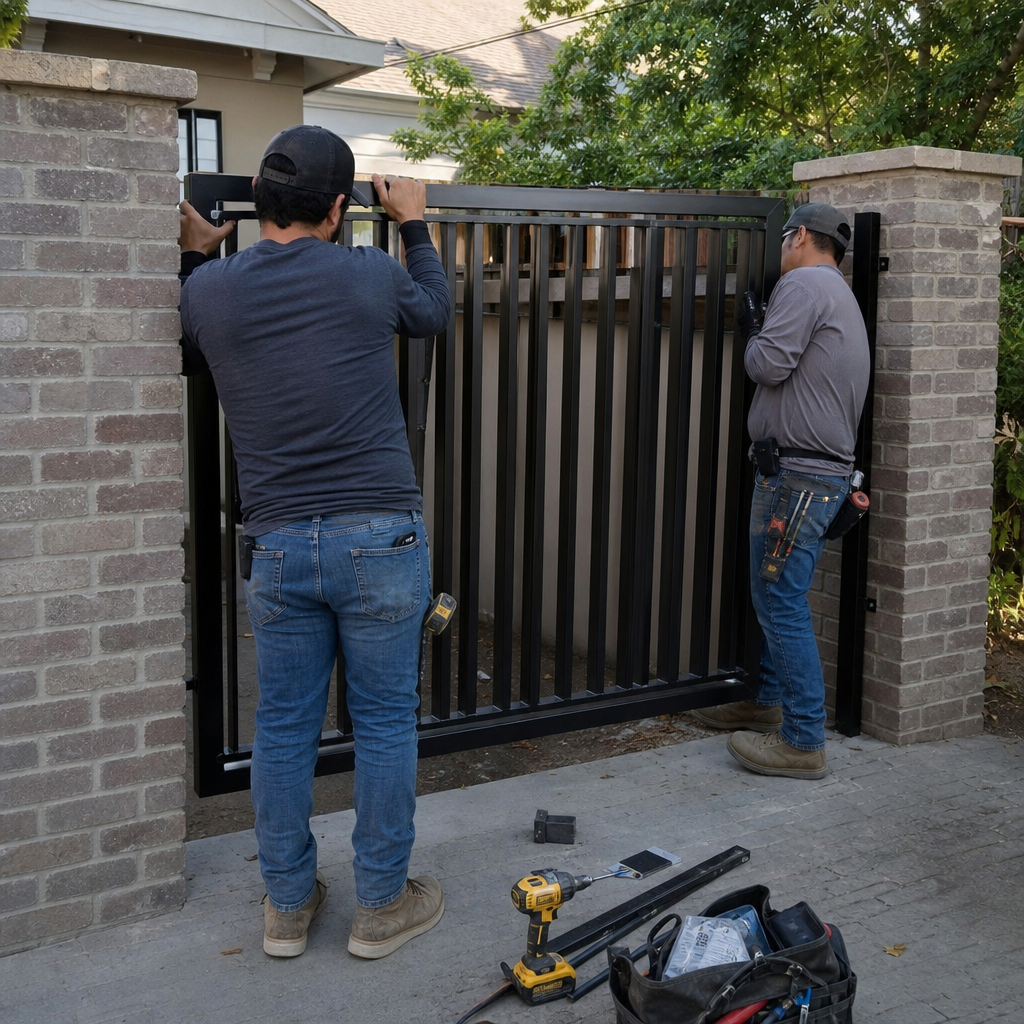 Gate installation by professionals with tools and equipment.