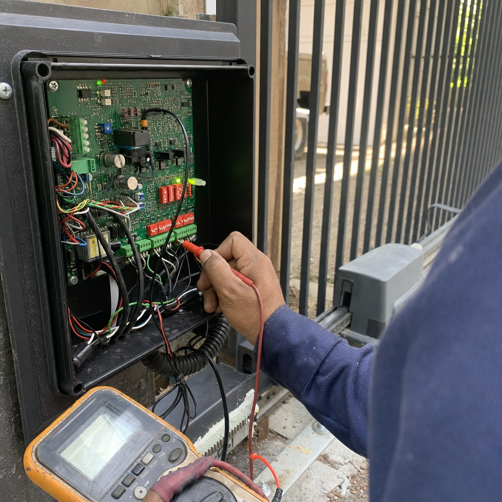 Technician tests gate motor opener electronics with multimeter