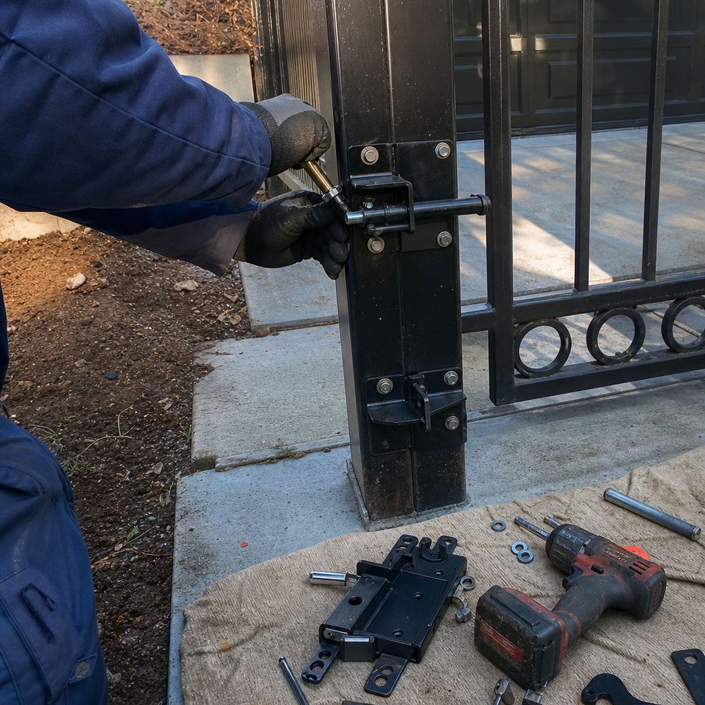 Gate repair professional tightening bolt on black gate latch