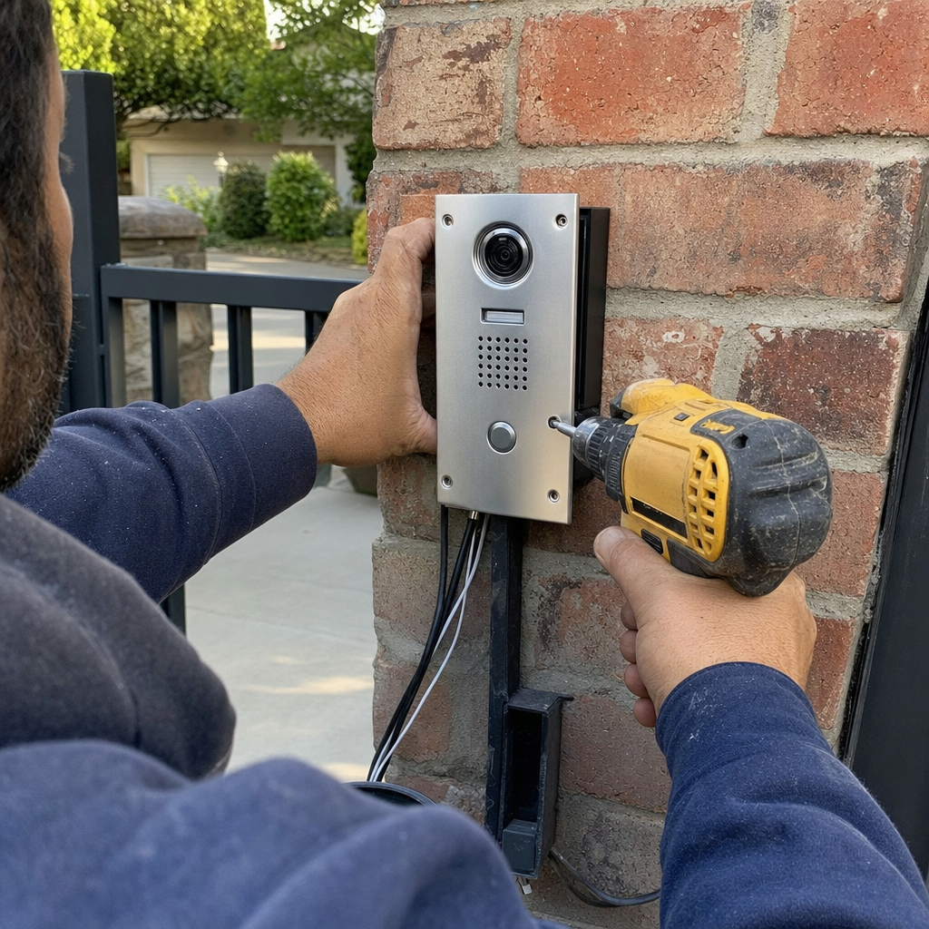 Technician installs gate access control system on brick pillar in Ceres, CA