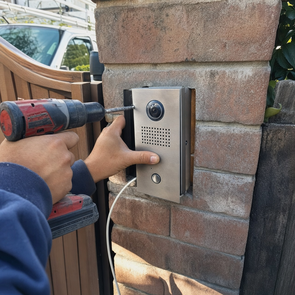 Worker installing video doorbell on brick pillar with drill in Ceres, CA