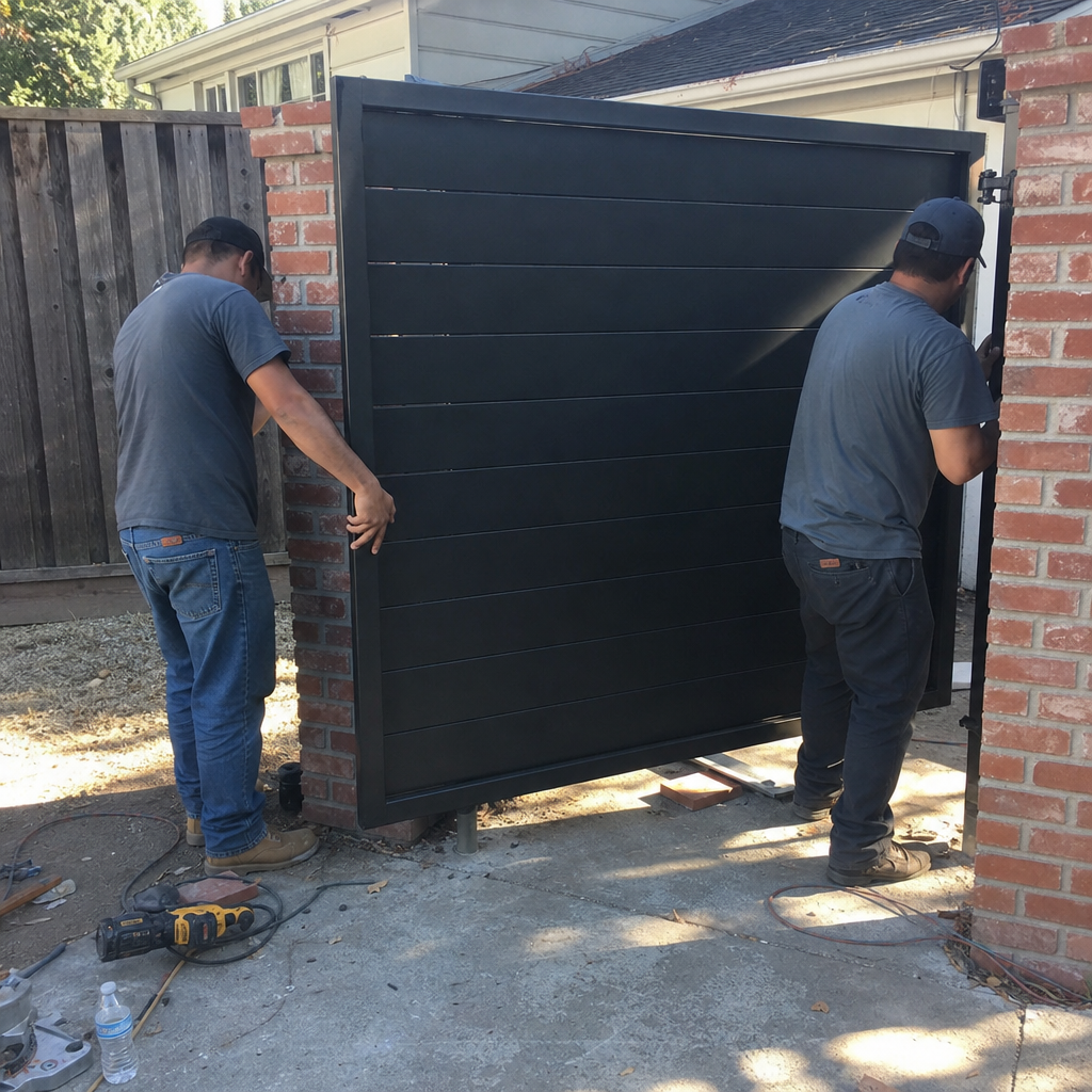 Men installing black slat gate on brick pillar in Aptos, CA