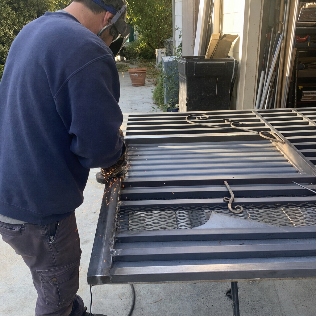 Metalworker sparks gate parts welding in Palo Alto, CA